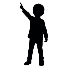 a child standing with their back to the viewer. The child is facing towards the right side of the image and is pointing upwards with their right hand