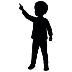 a child standing with their back to the viewer. The child is facing towards the right side of the image and is pointing upwards with their right hand