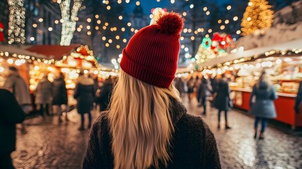 A woman in winter with her back to the camera, standing at an outdoor Christmas market decorated for the holiday season