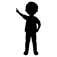 a child standing with their back to the viewer. The child is facing towards the right side of the image and is pointing upwards with their right hand