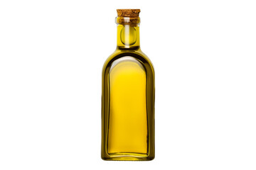 A clear glass bottle filled with olive oil isolated on white transparent background.
