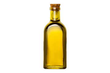 A clear glass bottle filled with olive oil isolated on white transparent background.