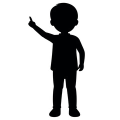 a child standing with their back to the viewer. The child is facing towards the right side of the image and is pointing upwards with their right hand