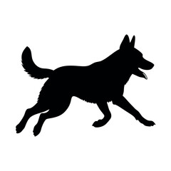 a dog running. The dog appears to be a German Shepherd or a similar breed. It is in mid-stride, with its front legs stretched out and its tail wagging