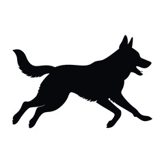 a dog running. The dog appears to be a German Shepherd or a similar breed. It is in mid-stride, with its front legs stretched out and its tail wagging