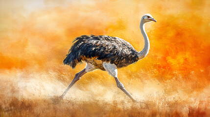 A Running Ostrich Artistic Style Painting Drawing Aspect 16:9
