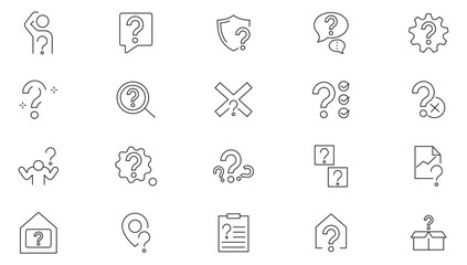 Question line icon set. Problem, confusion, asking, questioning, question mark, ask, help, speech, button, chat, quiz question, problem solve line icon collection. UI thin line icon pack.