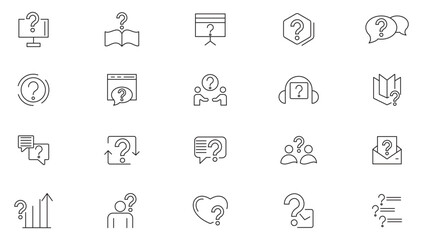 Question line icon set. Problem, confusion, asking, questioning, question mark, ask, help, speech, button, chat, quiz question, problem solve line icon collection. UI thin line icon pack.