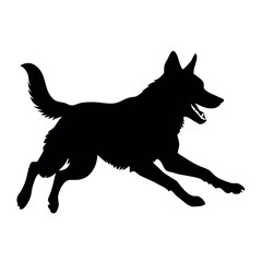 a dog running. The dog appears to be a German Shepherd or a similar breed. It is in mid-stride, with its front legs stretched out and its tail wagging