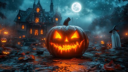 Fototapeta premium Halloween glowing Jack-o-lantern with spooky ghosts and bats in the background, ideal for a Halloween commercial.