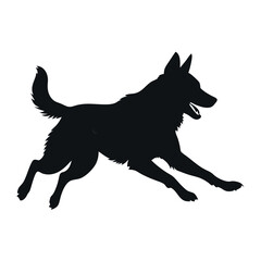 a dog running. The dog appears to be a German Shepherd or a similar breed. It is in mid-stride, with its front legs stretched out and its tail wagging