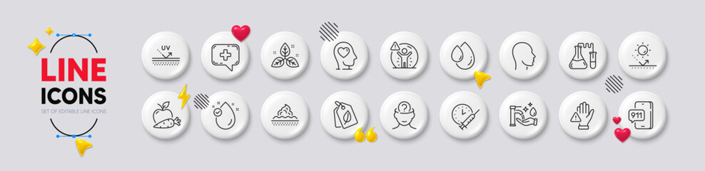 Oil drop, Bio tags and Dont touch line icons. White buttons 3d icons. Pack of Chemistry lab, Apple carrot, Vitamin e icon. Emergency call, Mental health, Uv protection pictogram. Vector