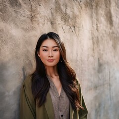 Fototapeta premium Woman with Natural Texture- A minimalist portrait of a woman against a natural, textured wall with copy space, for beauty, fashion, or architectural design projects