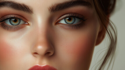 Naklejka premium Close-up shot of woman's eyes, perfect makeup, defined brows, long lashes, vibrant eyeshadow, glowing skin, makeup beauty concept