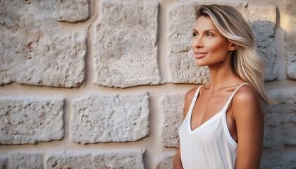 Woman with Natural Texture-  A minimalist portrait of a woman against a natural, textured wall with copy space, for beauty, fashion, or architectural design projects