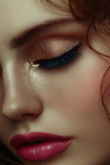 Closeup of woman's face with golden eye shadow, vibrant pink lipstick, blue eyelashes, and flawless skin, cosmetics concept