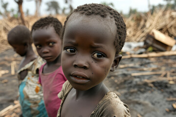 A group of three children with pensive gazes stand in a barren environment, reflecting concerns and innocence amid the stark and stripped landscape they inhabit.