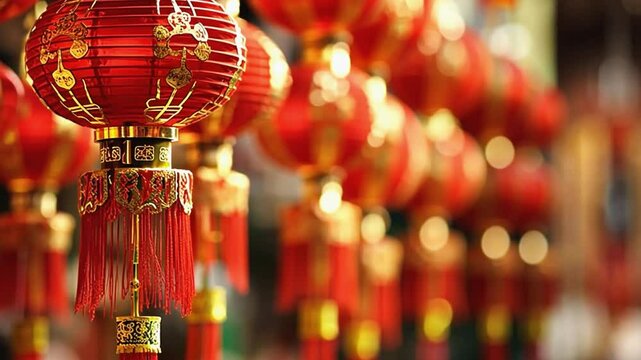 Red and gold chinese paper lanterns with golden tassels are hanging