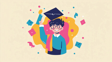 Cheerful university club logo showcasing a student celebrating graduation with a diploma and cap at a campus event