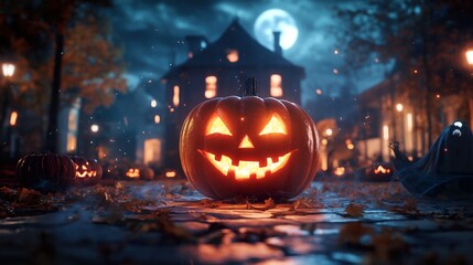 Obraz premium Halloween spooky Jack-o-lantern glowing in a misty background with bats and ghosts, perfect for a Halloween commercial.