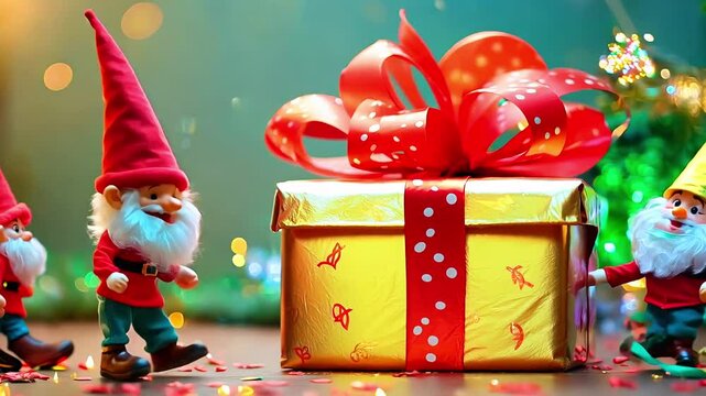 Christmas elves dancing and singing in front of decorated gift box with red ribbon in festive setting