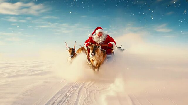 Santa Claus Riding Reindeer Sleigh Through Desert in Festive Christmas Scene