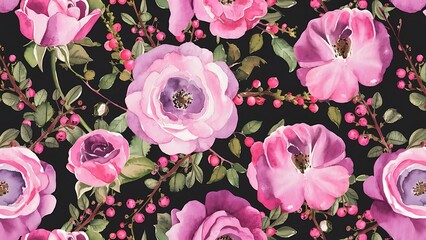 Watercolor pink, purple roses and elderberry branches seamless pattern, hand painted on a dark background