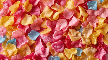 Colorful assortment of airy, petal-shaped crisps in pink, yellow, and blue hues, creating a playful and vibrant texture, resembling a whimsical snack mix.