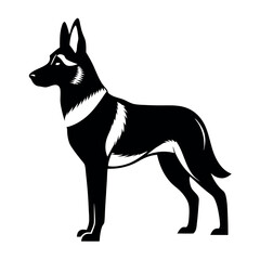 a German Shepherd dog. The dog is standing on all fours and is facing towards the left side of the image. It has a long, slender body with a pointed head and pointed ears