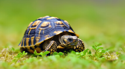Obraz premium Small turtle with intricate patterned shell, crawling on a lush green surface, blending with the natural environment, embodying patience and tranquility.