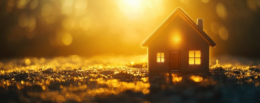 Golden house silhouette glowing at sunset, symbolizing warmth and home security in a serene natural setting