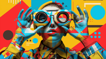 Abstract portrait of a person with binoculars, featuring geometric shapes and bold colors, creating a futuristic and avant-garde look with a surreal twist.