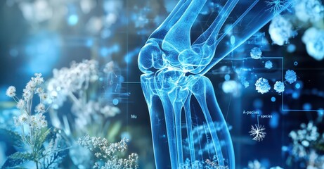 Photorealistic illustration of human knee joint and nature in a scientific fusion of biology and environment