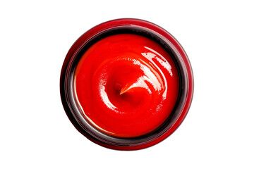 Black bowl filled with smooth Gochujang Sauce or red ketchup isolated on a white transparent background. Concept of food condiment, sauce, or dip