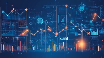 A blueprint illustration combining business growth charts with technology symbols, showing upward movement and expansion