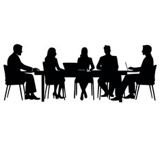 a group of six people sitting around a long table. The table is rectangular in shape and appears to be made of wood
