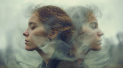 Portrait of a woman with two mirrored profiles, surrounded by mist, conveying a surreal and ethereal atmosphere, symbolizing duality and introspection.