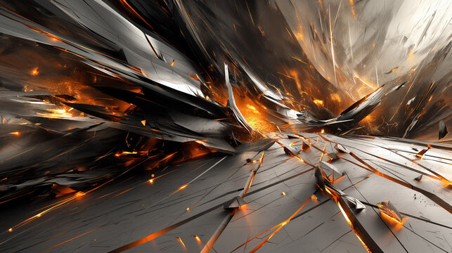 Futuristic digital art with sharp, metallic shards and orange glowing lines, creating an intense scene of fragmentation and dynamic movement.