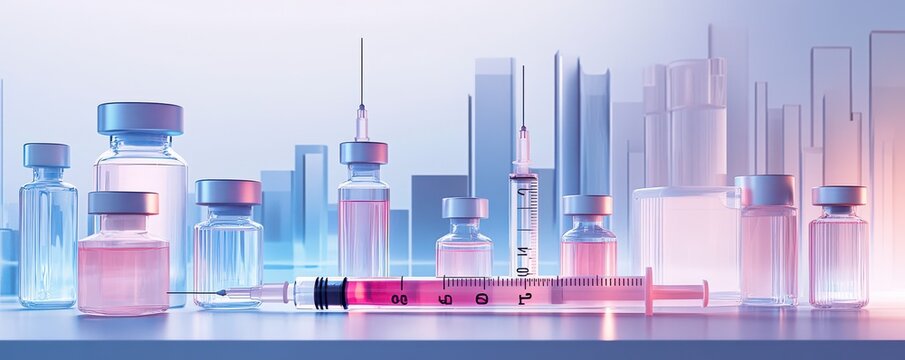 Syringes and vials with colorful liquids in a modern medical lab setting showcasing science and healthcare technology
