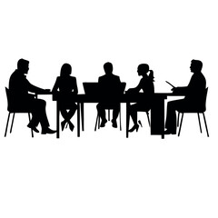 a group of six people sitting around a long table. The table is rectangular in shape and appears to be made of wood