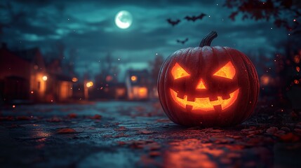 Naklejka premium Halloween spooky pumpkin glowing with a haunted house and floating ghosts in the background, ideal for setting a haunting mood for marketing, ads, or seasonal designs for a Halloween commercial.