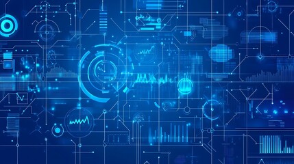 A modern blueprint design combining business growth elements with technology symbols, showing upward progress and development