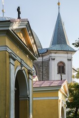 View of the basilica tower from the old Way of the Cross. Hostyn, Moravia. Czechia.
