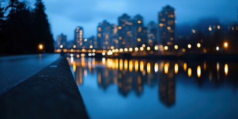 Naklejka premium An urban skyline is beautifully reflected in the calm water at twilight. Blurred city lights and blue hues create a mesmerizing and tranquil night scene.