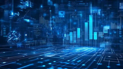 Obraz premium A modern digital blueprint design, representing the rapid growth of a tech business with rising bar charts and circuit lines