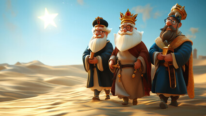 The three wise men kings following the star through the desert to Bethlehem, Christmas themed 3d poster