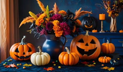 Impressionist still life featuring Halloween decorations and pumpkins, perfect for Halloween
