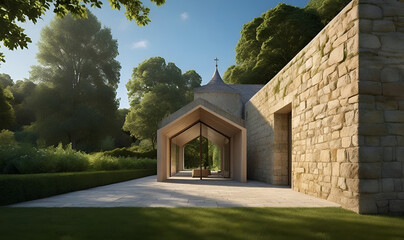 Fototapeta premium An ancient chapel in a secluded valley surrounded by verdant trees