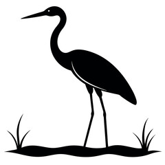 a heron standing on the edge of a body of water. The heron is facing towards the right side of the image, with its long neck and legs extended