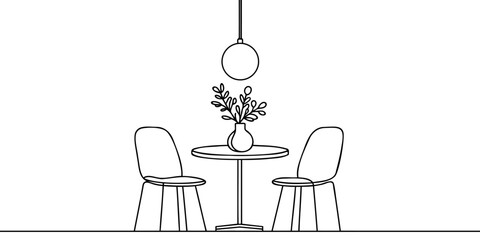Continuous one line drawing of a chairs and table with a vase containing a plant. Scandinavian stylish furniture in a simple linear style. Vector illustration.